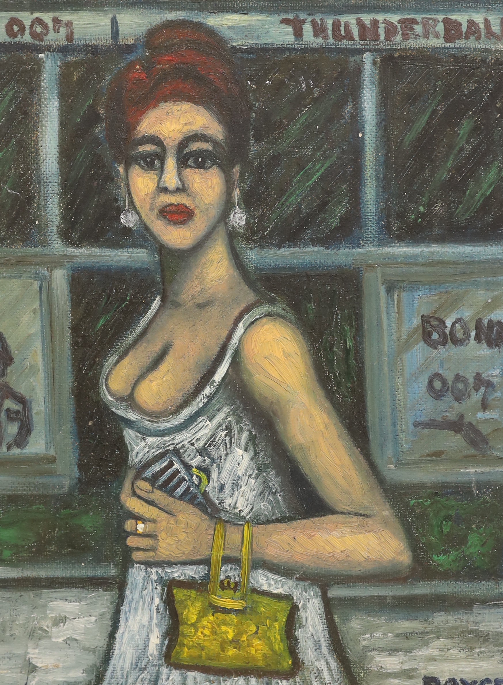 Royce, Contemporary oil on canvas board, Study of a female before James Bond posters, signed, 40 x 30cm, unframed